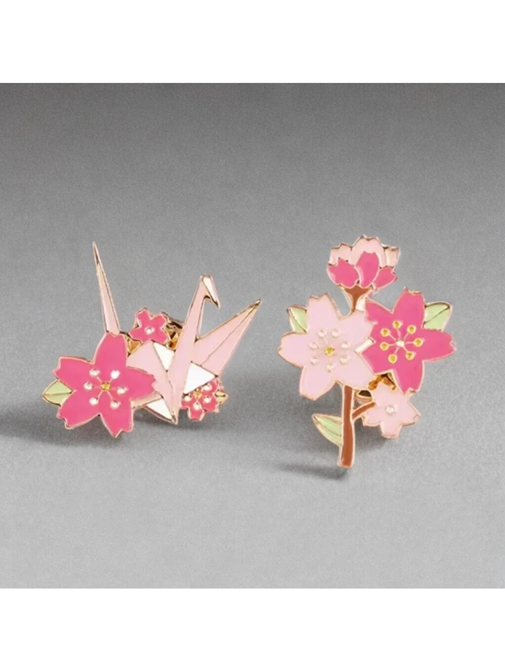 Enamel Pin Set Pink Sakura Origami Paper Crane, Cherry Blossoms NWT